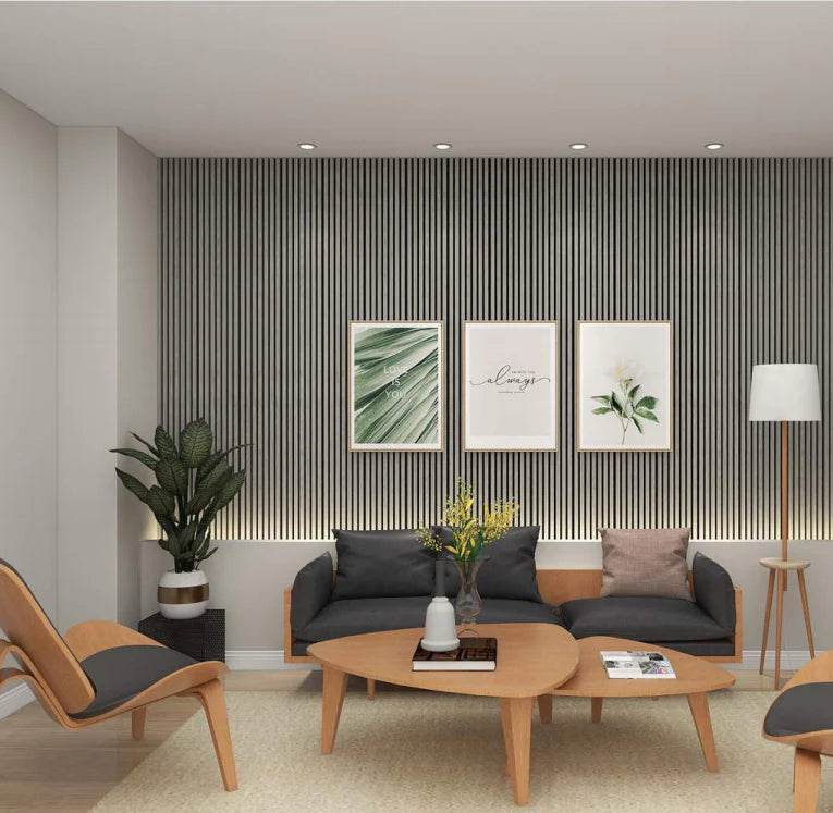 Grey Acoustic Wood Wall Panel Thin Slat Series 1 - 240/300x60cm - Tuda Grass