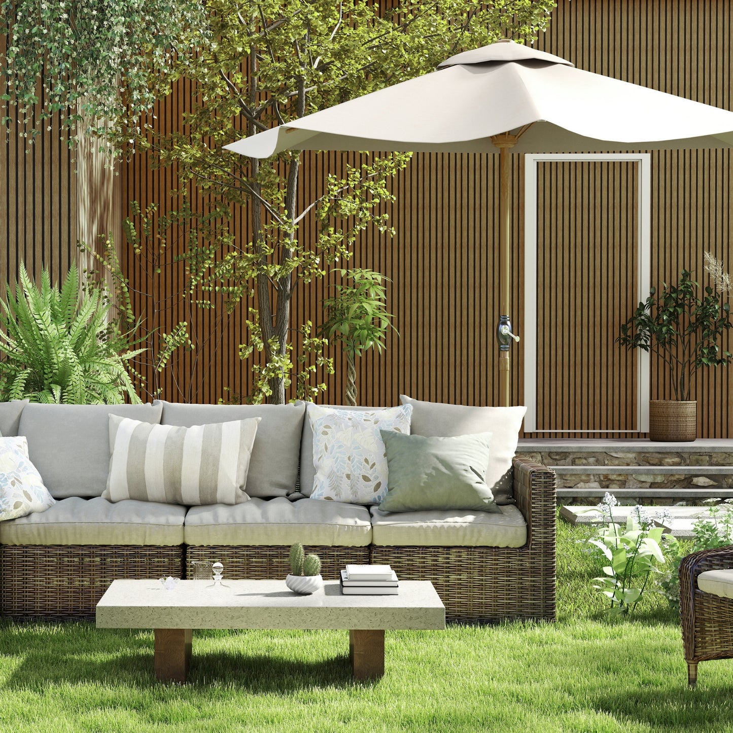 Composite Slatted Cladding Golden Oak/Black Sample - Woodgrain Finish - Tuda Grass