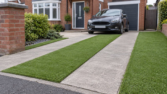 Artificial grass between paved driveway tracks, with a car parked outside a brick house.