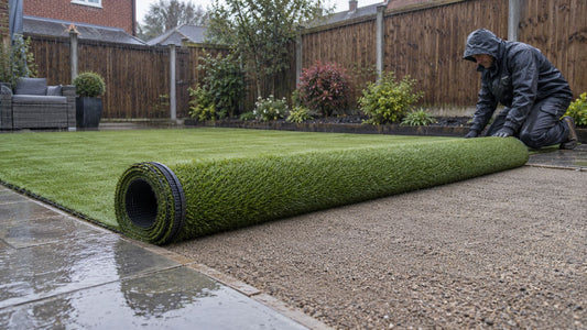 Installer unrolling artificial grass onto a prepared garden base in rainy weather.