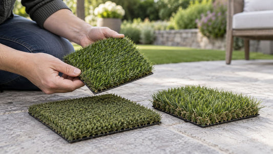 Person comparing three artificial grass samples with different colours, fibre lengths and densities.