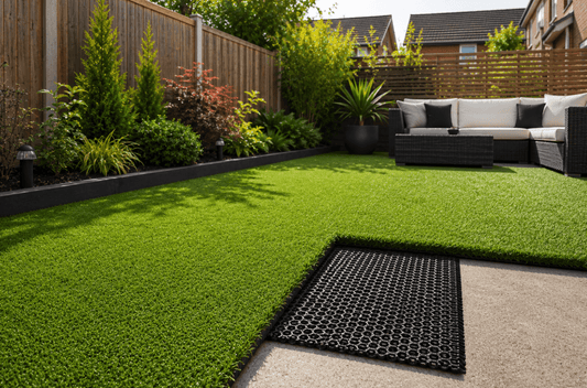 Artificial grass installation with a section lifted to reveal a shockpad layer beneath the turf in a modern landscaped garden.
