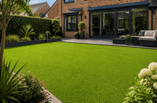 Modern family home with a neatly landscaped garden featuring premium artificial grass, contemporary planting and a paved patio seating area.