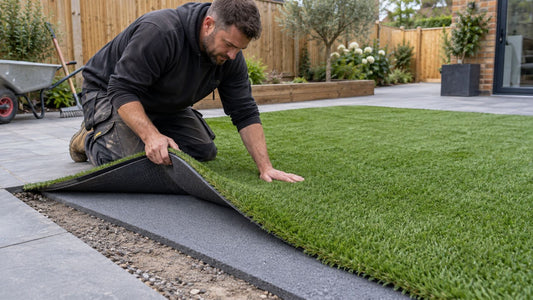 Landscaper lifting artificial grass to reveal the shockpad layer underneath.