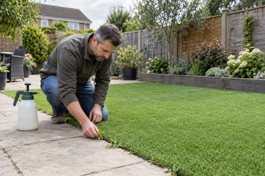 Man removing weeds by hand from the edge of an artificial lawn.