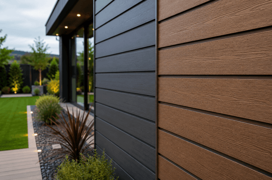 Side-by-side comparison of premium and lower-cost composite cladding finishes on a modern garden building, highlighting differences in colour and texture.
