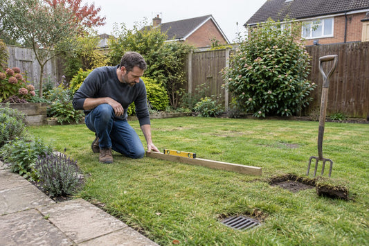 Garden with turf removed and ground being prepared for artificial grass installation.