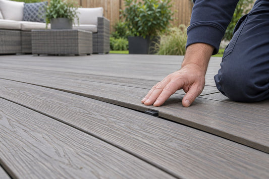 Person pressing a slightly raised composite decking board to check for movement.