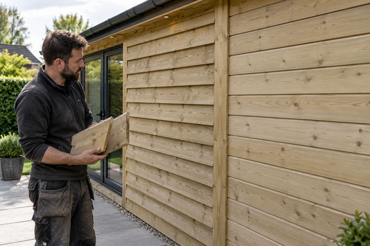 Builder comparing feather edge and shiplap timber cladding on a garden building.