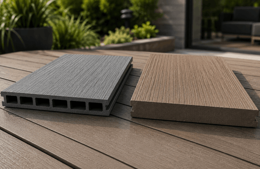 Hollow and solid composite decking boards displayed side by side on a decking surface, highlighting their different internal structures.