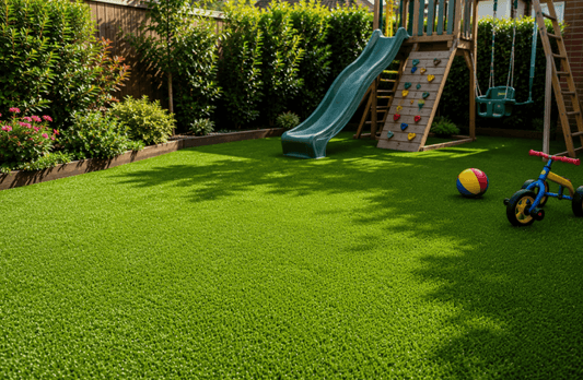 Family garden with artificial grass, a children's climbing frame, slide and swings, creating a safer outdoor play area.