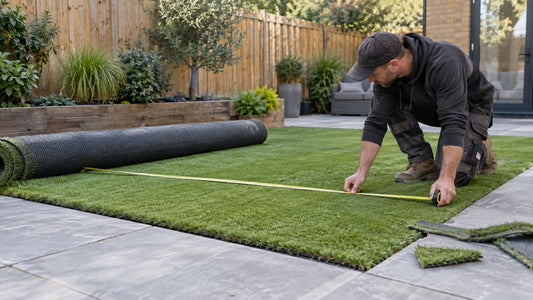 Artificial grass roll being measured across its width before cutting.
