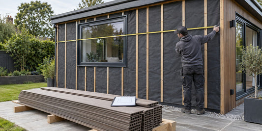 Installer measuring an exterior wall to calculate how much composite cladding is needed.