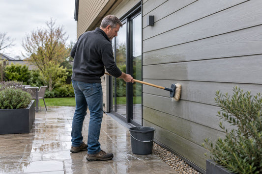 Man cleaning exterior composite cladding with a soft long-handled brush.