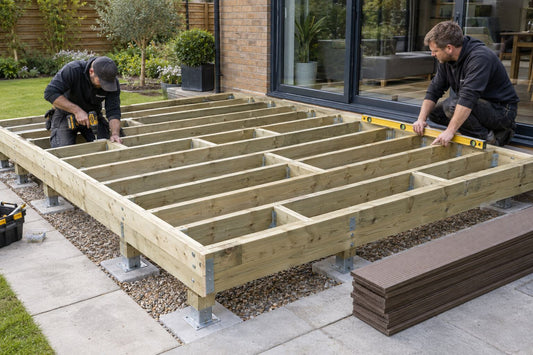 Installers building a strong timber decking frame with evenly spaced joists and supports.