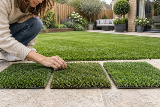 Woman comparing artificial grass samples in a modern garden