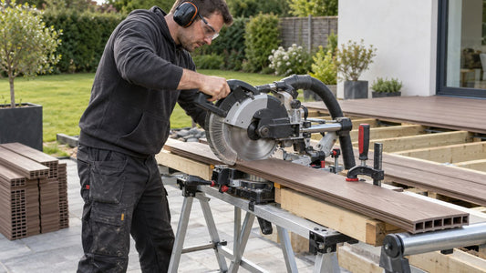 Installer cutting a supported composite decking board with a mitre saw.