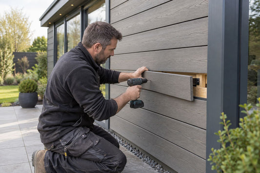 Installer fixing a loose composite cladding board with a cordless screwdriver.