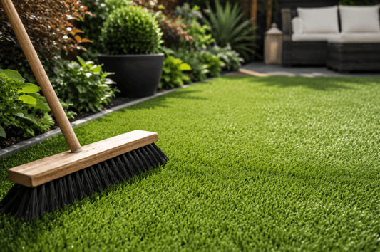Garden broom brushing premium artificial grass to lift the fibres and maintain a neat appearance in a landscaped outdoor space.