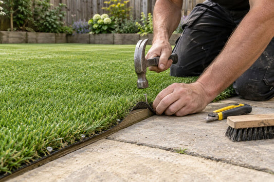 Installer securing a curled artificial grass edge beside a paved patio