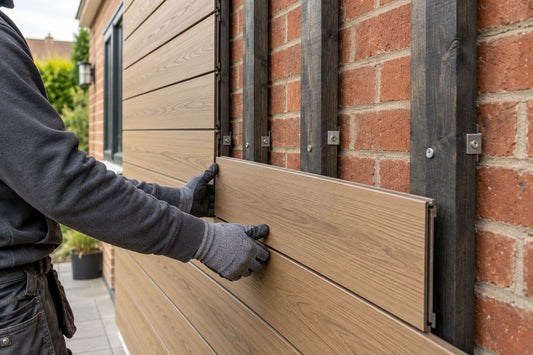 Installer fitting wood-effect composite cladding onto vertical battens fixed to a brick wall.