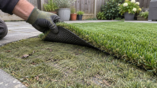 Gloved hand lifting new artificial grass to reveal an older, worn layer underneath.
