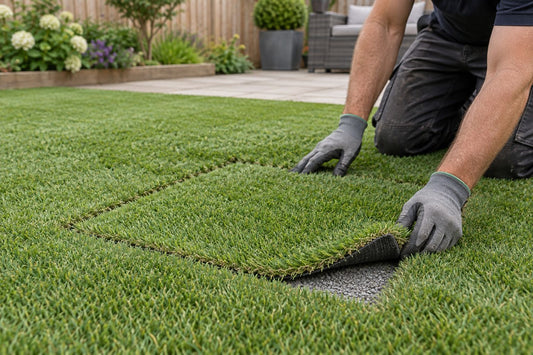 Installer fitting a replacement section of artificial grass into a garden lawn.