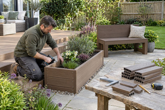Man reusing leftover composite decking boards to build a garden planter.