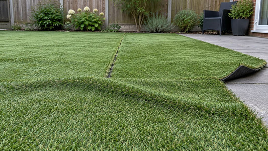 Artificial grass with an uneven surface, an open seam and a lifted edge beside a patio.