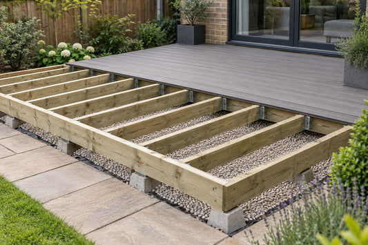 Partly installed composite decking showing timber joists, concrete supports and a gravel base.
