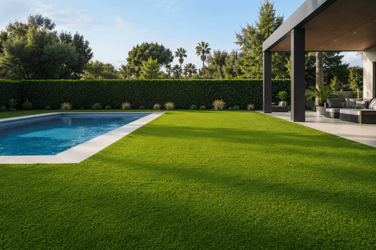 Close-up of premium artificial grass fibres in a modern garden with paving, raised planters and contemporary landscaping in the background.