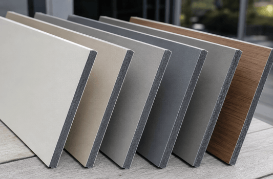 Sample composite cladding boards in a range of colours and finishes displayed upright to compare thickness, style and appearance.