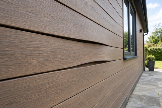 Bowed composite cladding boards creating uneven gaps on an exterior wall.