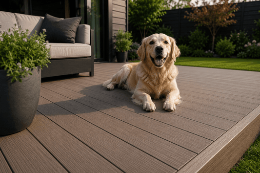 Golden Retriever relaxing on a modern composite deck in a landscaped garden, highlighting a comfortable and pet-friendly outdoor space.