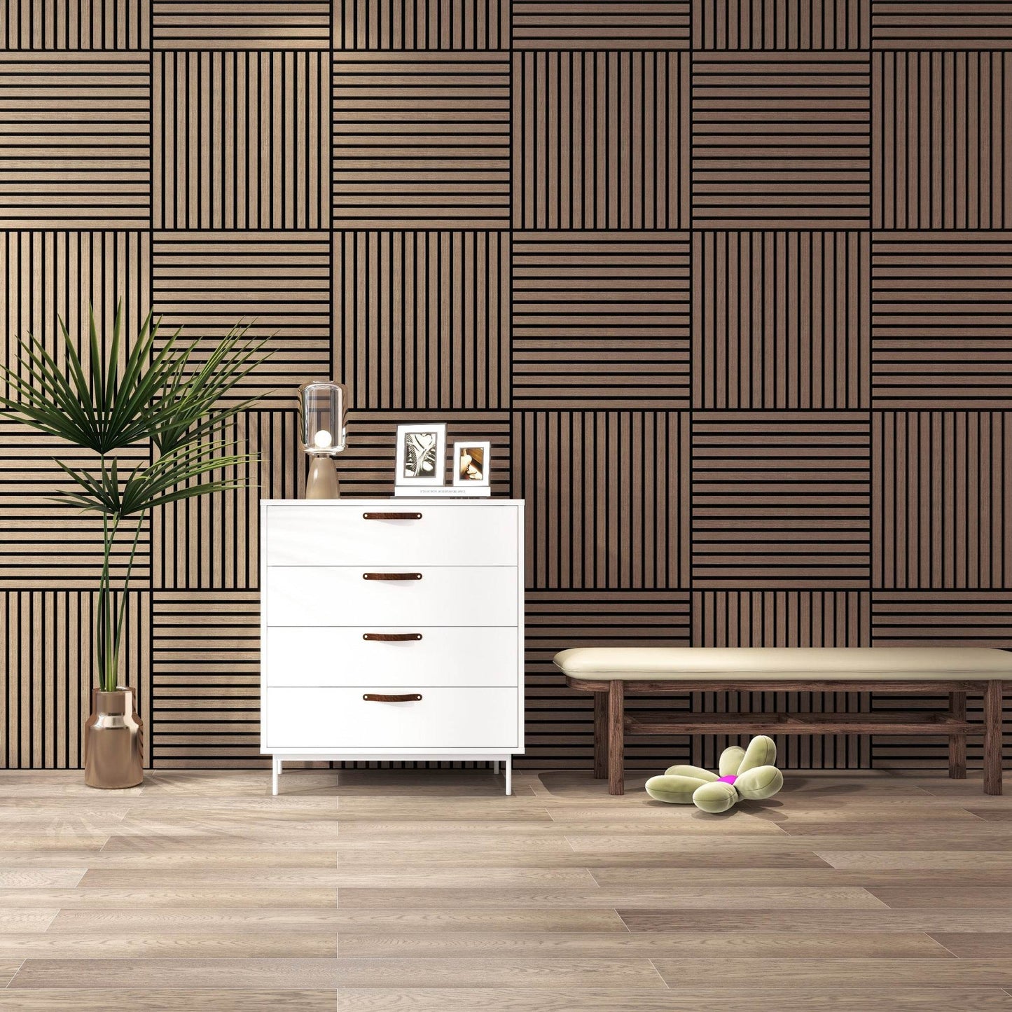 Smoked Oak Acoustic Wood Wall Panel Tiles Series 1 - 60x60cm (4 Pack) - Tuda Grass