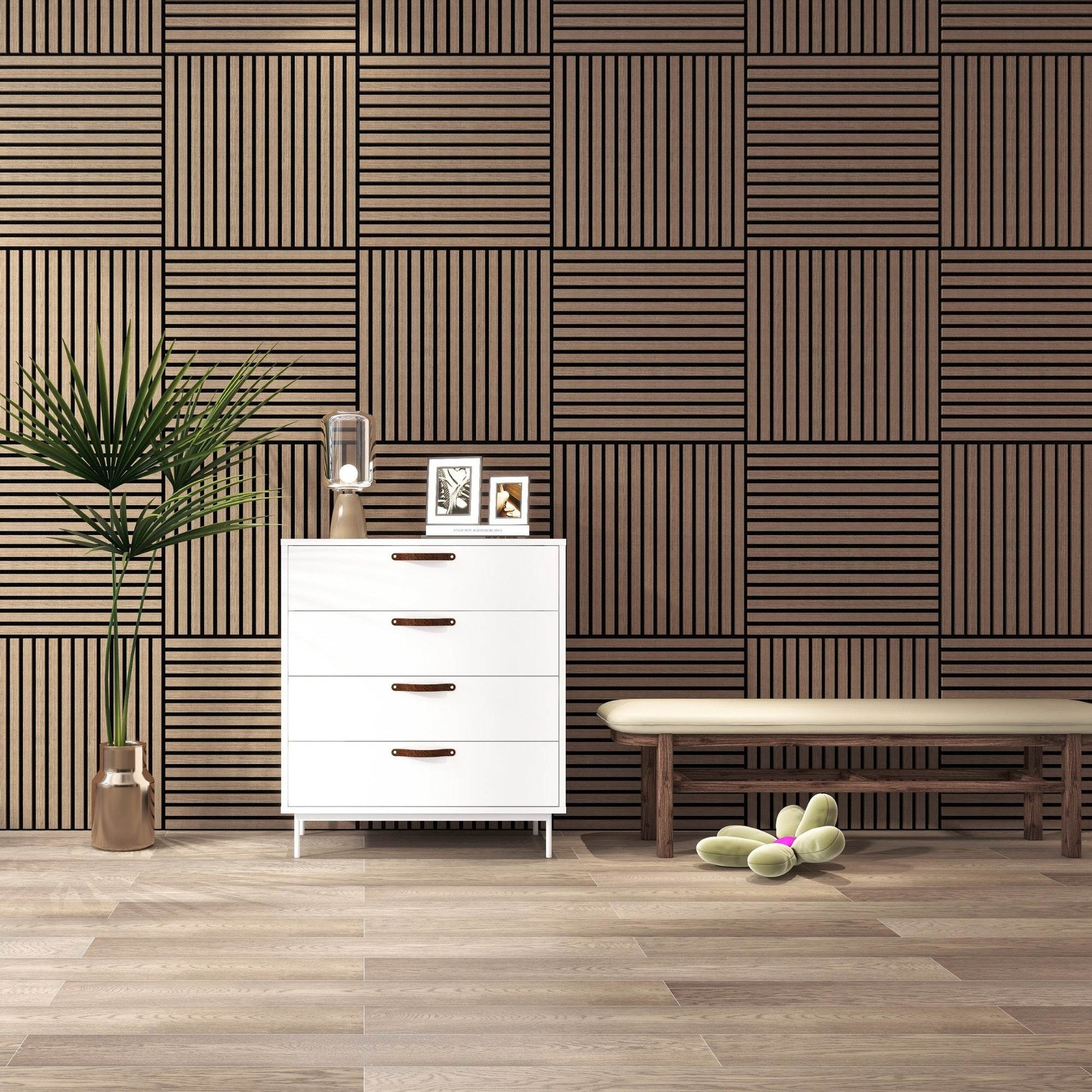 Smoked Oak Acoustic Wood Wall Panel Tiles Series 1 - 60x60cm (4 Pack) - Tuda Grass